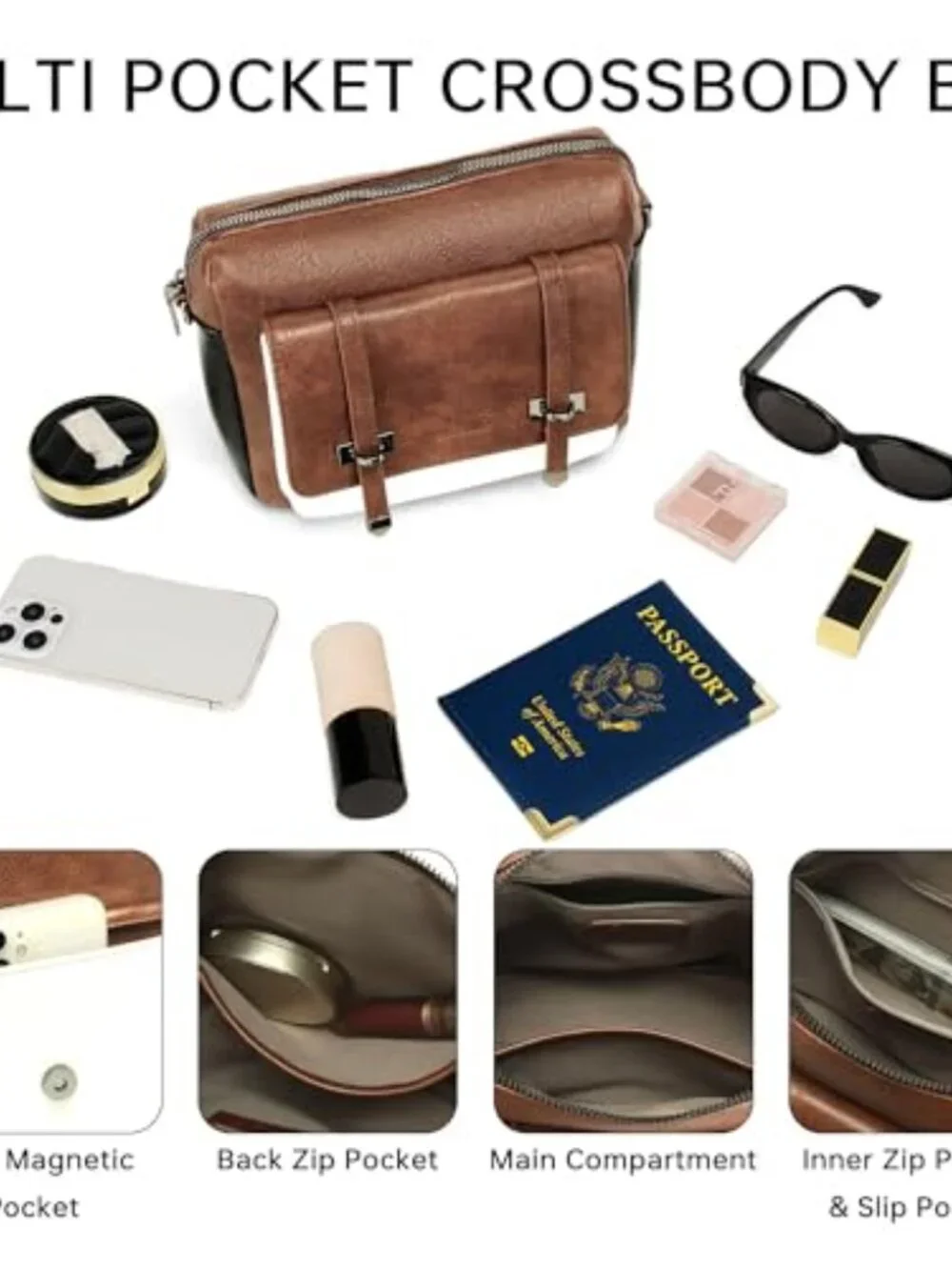 Vegan Leather Crossbody Bag with Guitar Strap Multi Pocket Purse